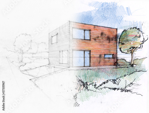 Illustration of a design process by a sketch of a private house