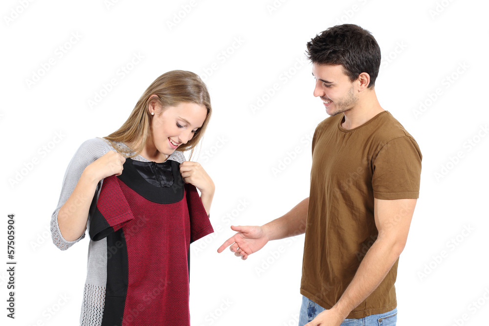 Happy couple shopping and trying clothes Happy couple shopping and trying clothes