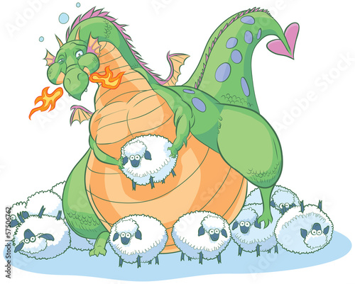 overeating fat cartoon dragon with clueless sheep