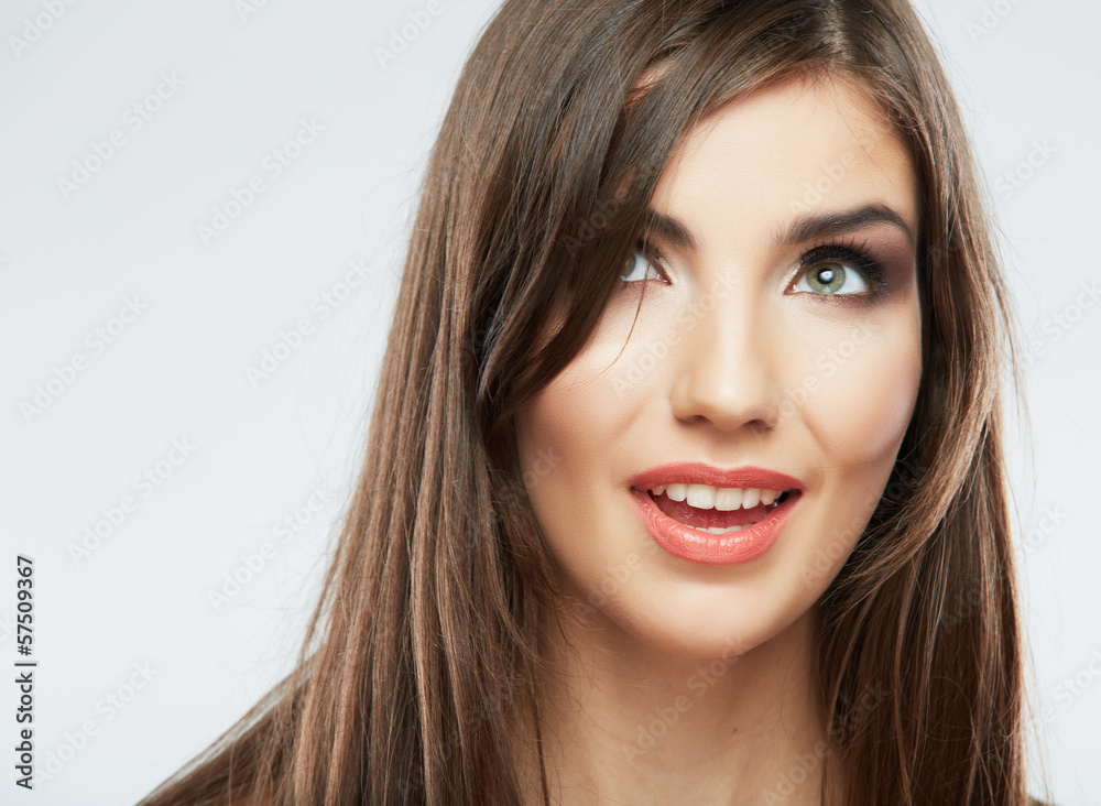Woman face with hair motion on white background isolated Woman face with hair motion on white background isolated