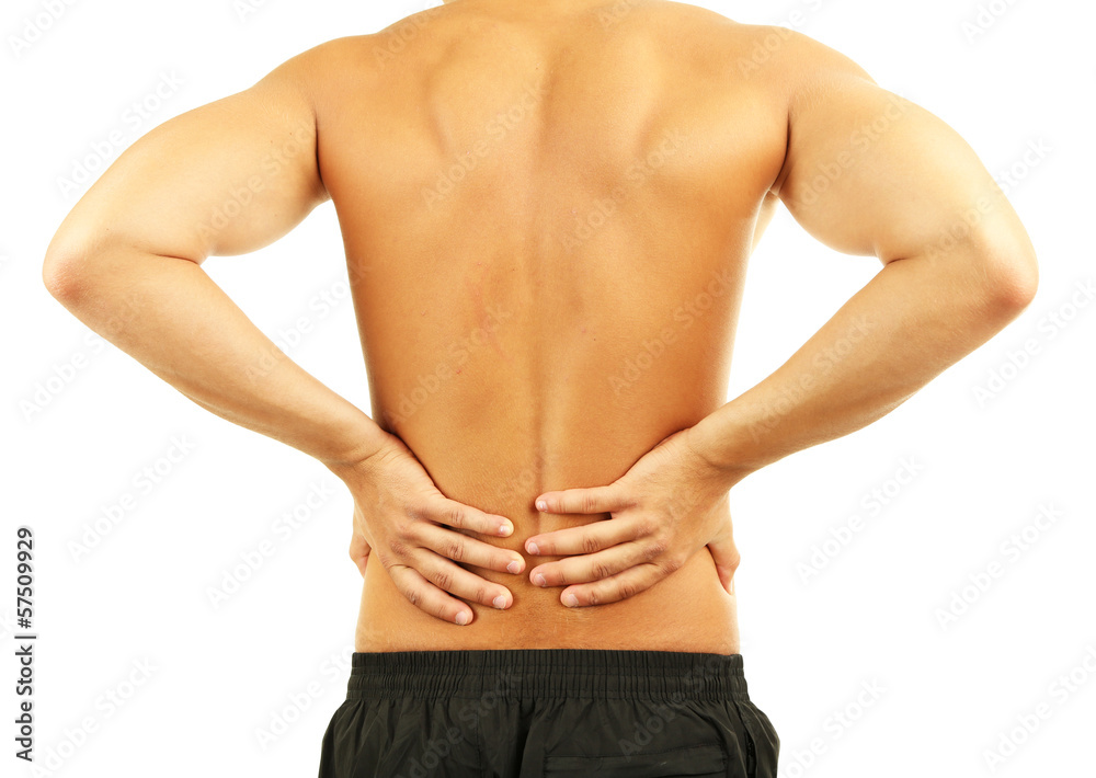 Young man with back pain, isolated on white