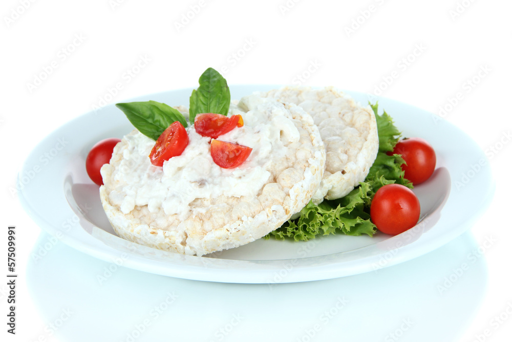 Tasty crispbreads with vegetables, isolated on white Tasty crispbreads with vegetables, isolated on white