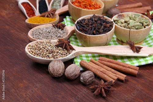 Various spices and herbs on table close up