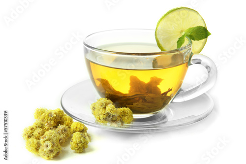 Transparent cup of herbal tea with herb isolated on white
