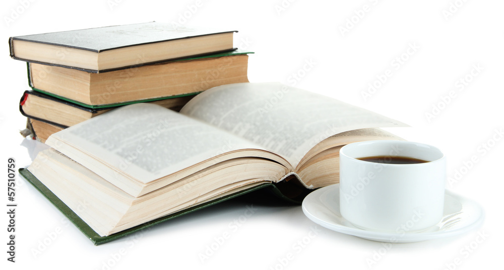 Cup of coffee and books isolated on white Cup of coffee and books isolated on white
