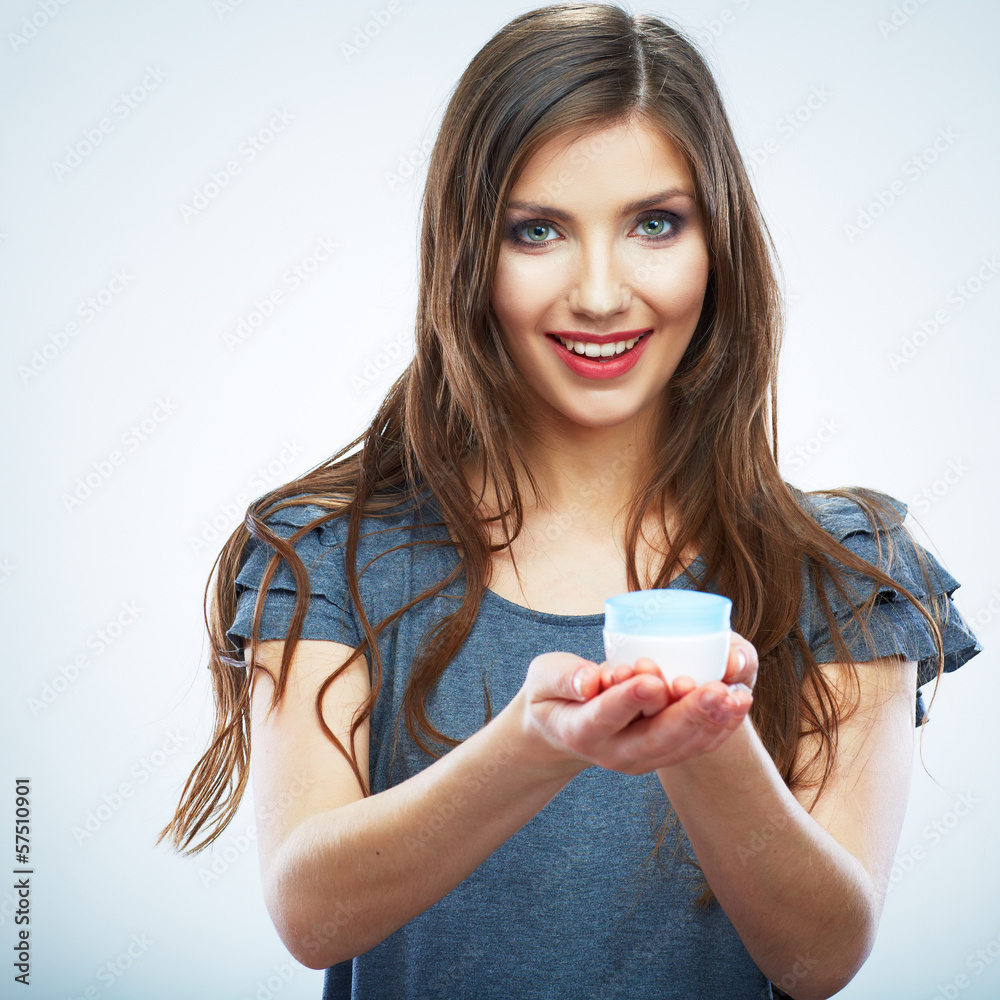 Portrait of young smiling woman hold white paper ship. Female m Portrait of young smiling woman hold white paper ship. Female m