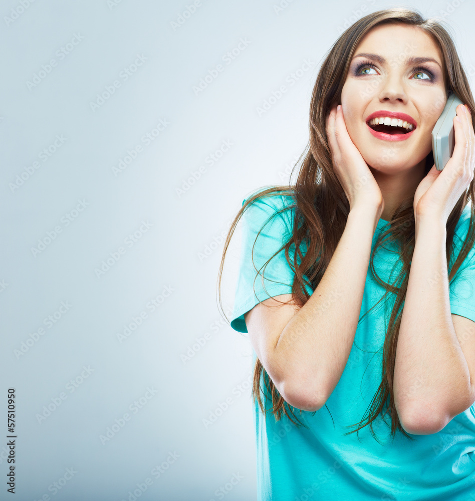 Isolated portrait of young woman phone call. Isolated beautiful Isolated portrait of young woman phone call. Isolated beautiful
