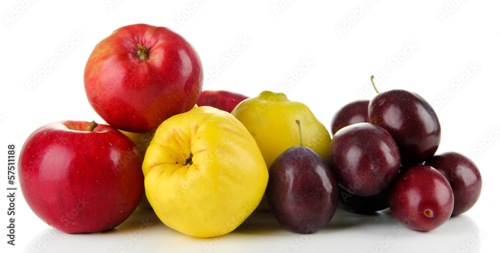 Quinces with apples and plums isolated on white Quinces with apples and plums isolated on white