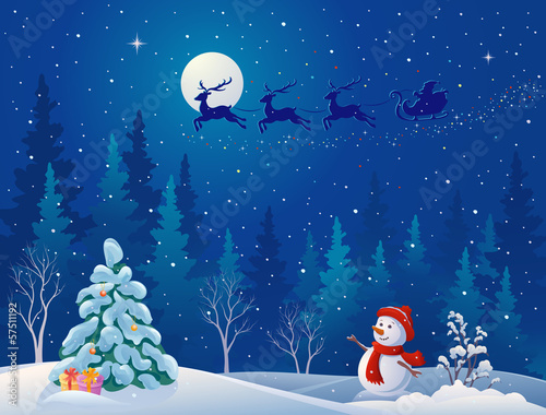 Santa sleigh and greeting snowman