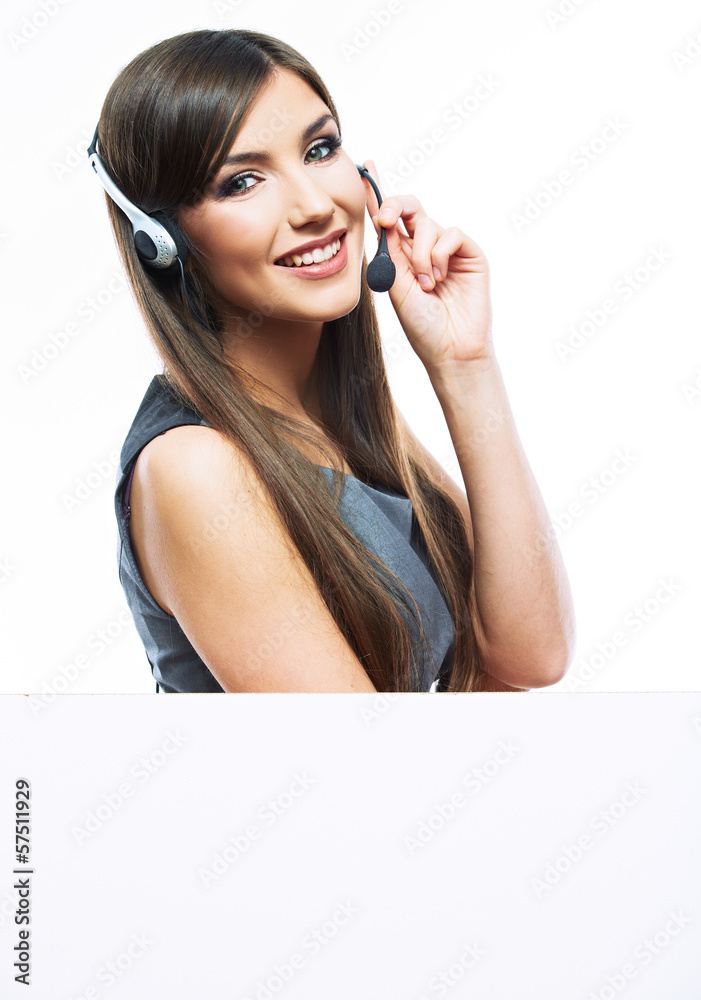 Woman customer service worker with big blank board Woman customer service worker with big blank board