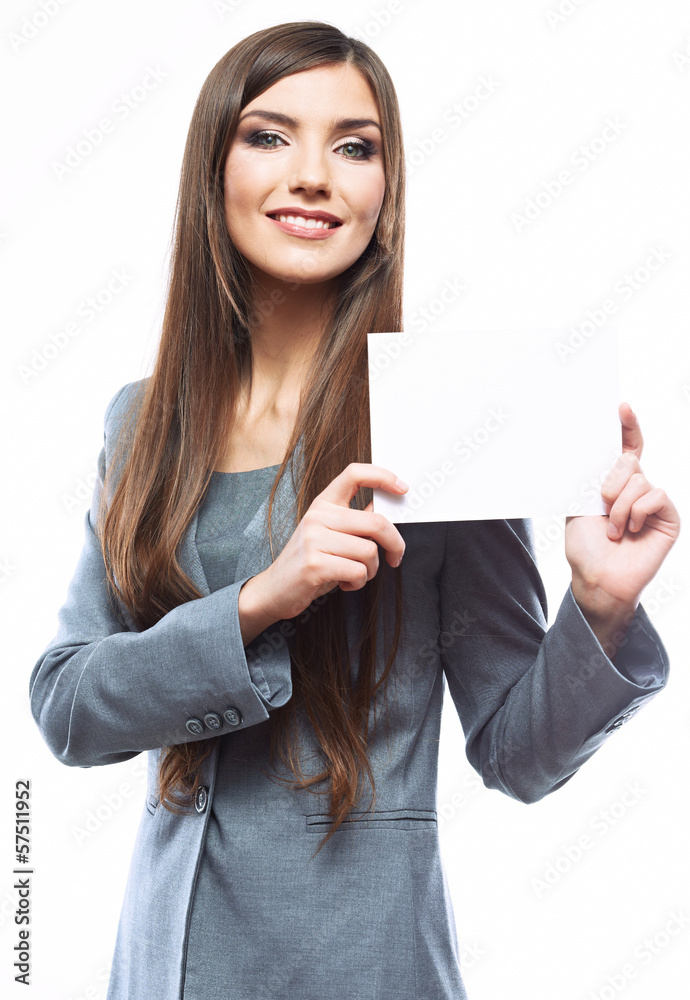 Tooth smile business woman hold banner, white background portr Tooth smile business woman hold banner, white background portr