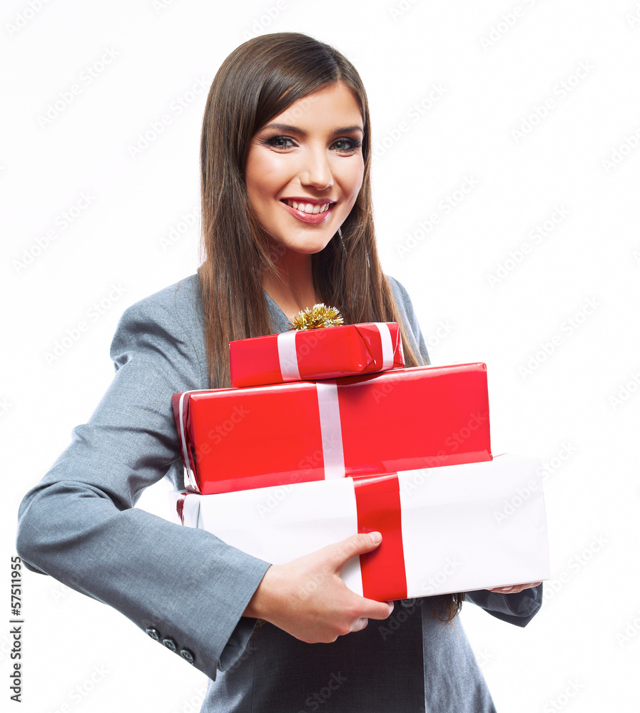 Business woman hold gift box. White background isolated Business woman hold gift box. White background isolated