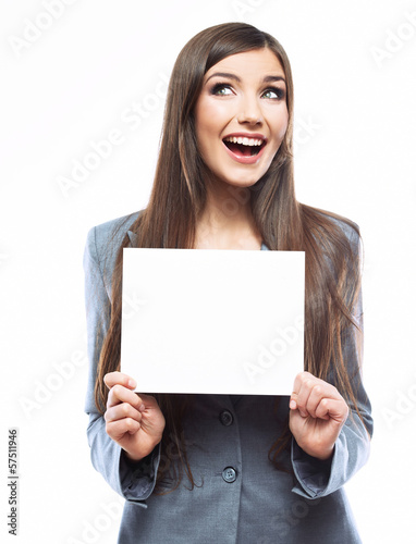 Tooth smile business woman hold banner, white background portr