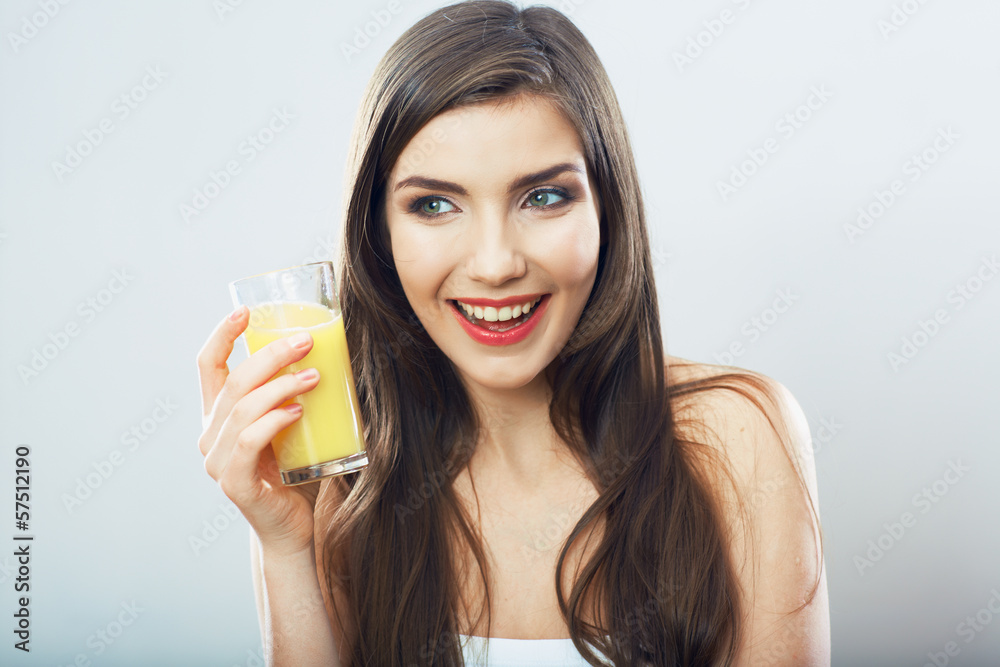 Young woman close up portrait drink juice Young woman close up portrait drink juice