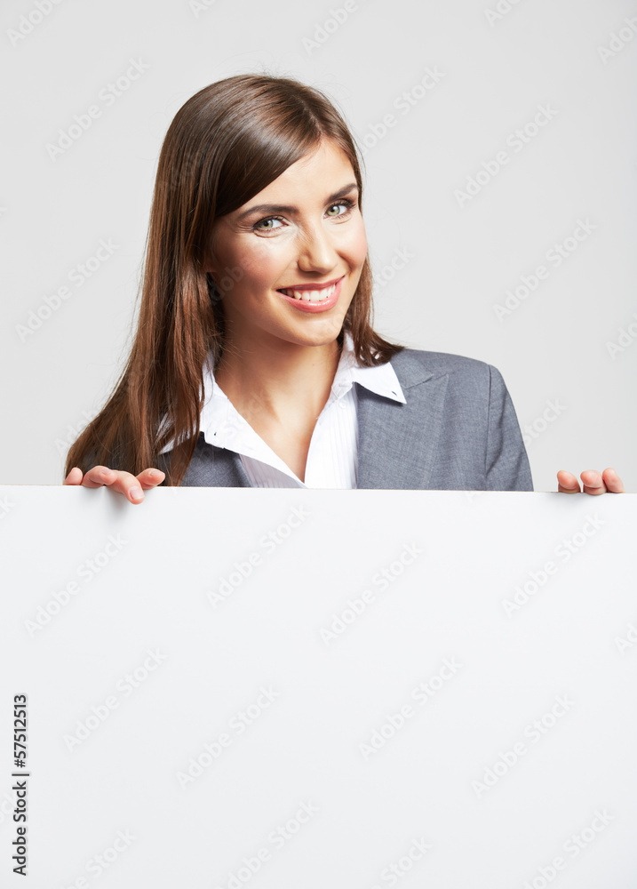 Portrait of young woman with blank white board Portrait of young woman with blank white board