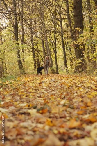 woman walks in autumn forest