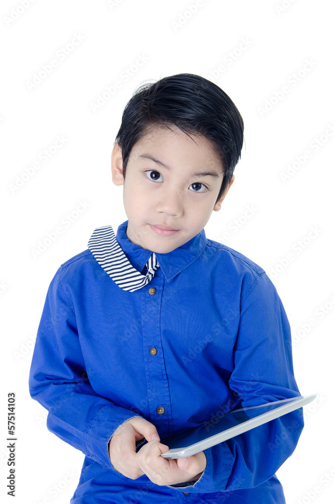 Happy Asian child with tablet computer on isolated background Happy Asian child with tablet computer on isolated background