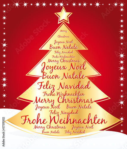 Christmas tree with greetings in several languages.