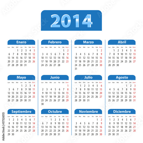 Blue glossy calendar for 2014 year in Spanish