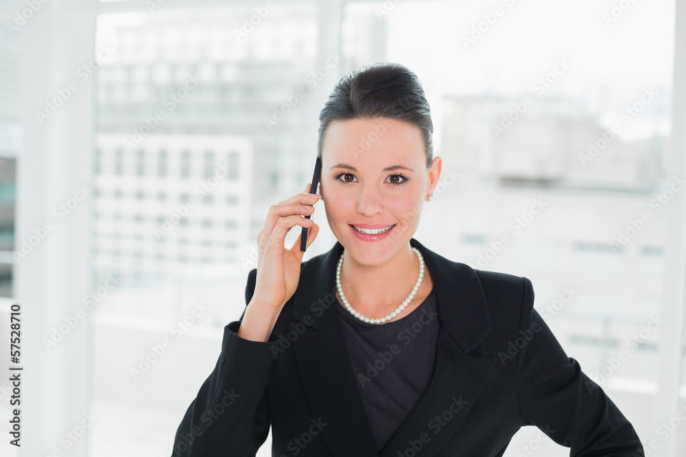 Smiling elegant businesswoman using cellphone Smiling elegant businesswoman using cellphone