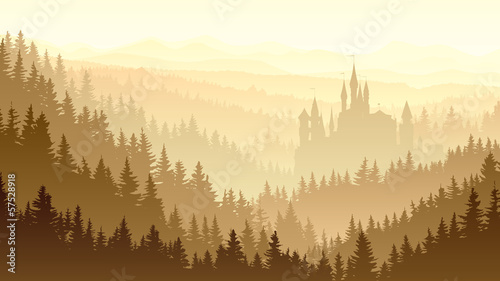 Wild misty wood with castle.