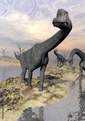 Fototapeta Naklejka Na Ścianę i Meble -  Brachiosaurus dinosaurs near water - 3D render
