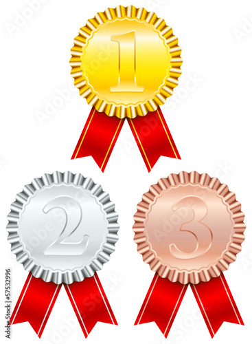 Award Badges Red Ribbon Small Stripe Gold/Silver/Bronze
