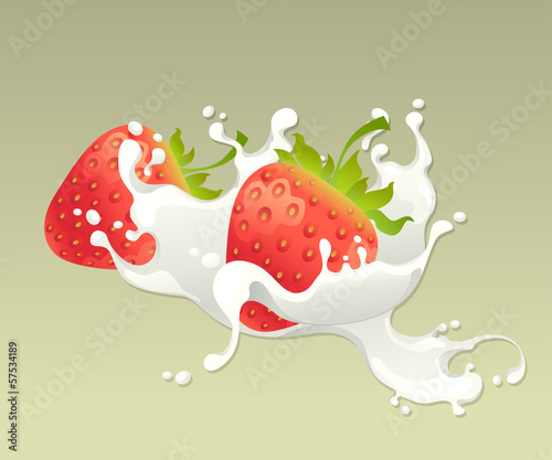 Milk splash with strawberry on light background.
