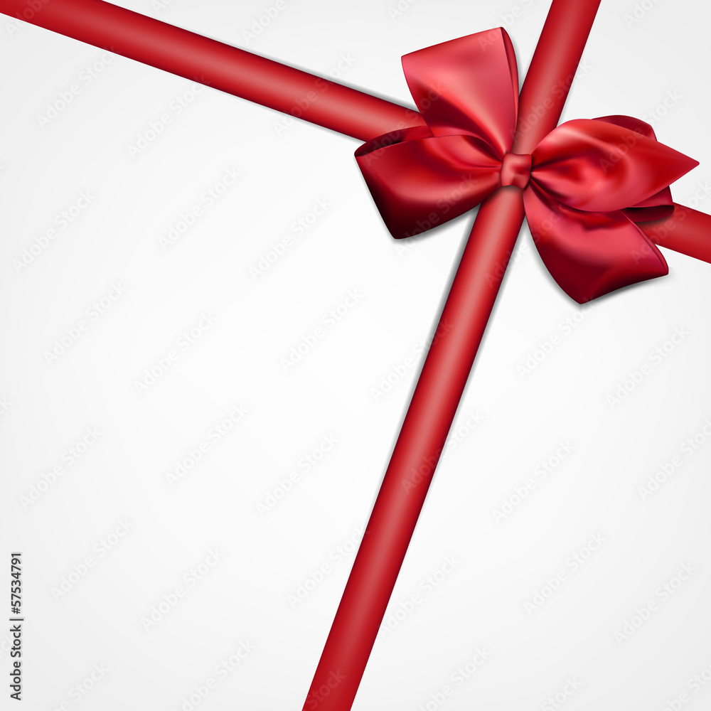 White paper card with gift red satin bow. White paper card with gift red satin bow.