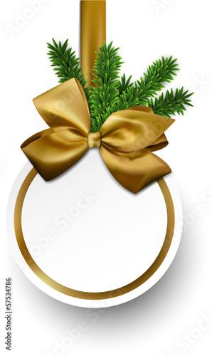 White paper gift card with golden satin bows.