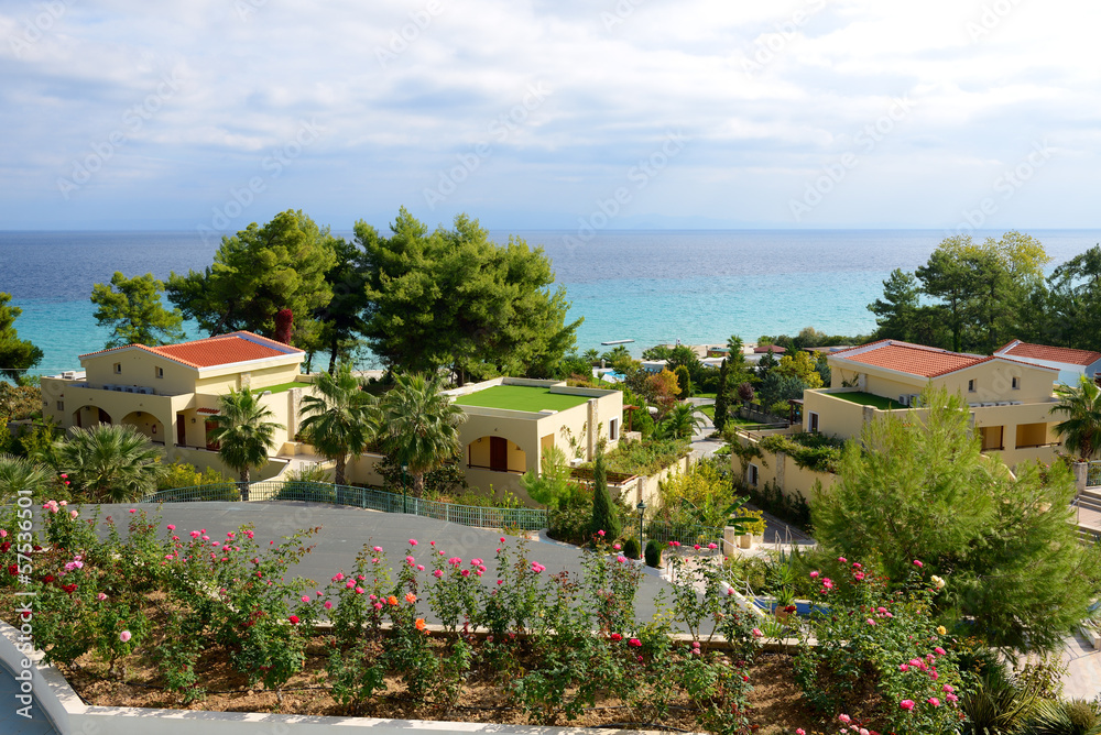 View on beach and villas at the modern luxury hotel, Halkidiki, View on beach and villas at the modern luxury hotel, Halkidiki,