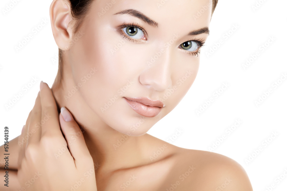 Beautiful girl with clean fresh skin, white background Beautiful girl with clean fresh skin, white background