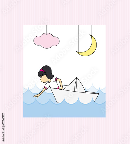 First Communion Invitation Card. Girl in a paper boat