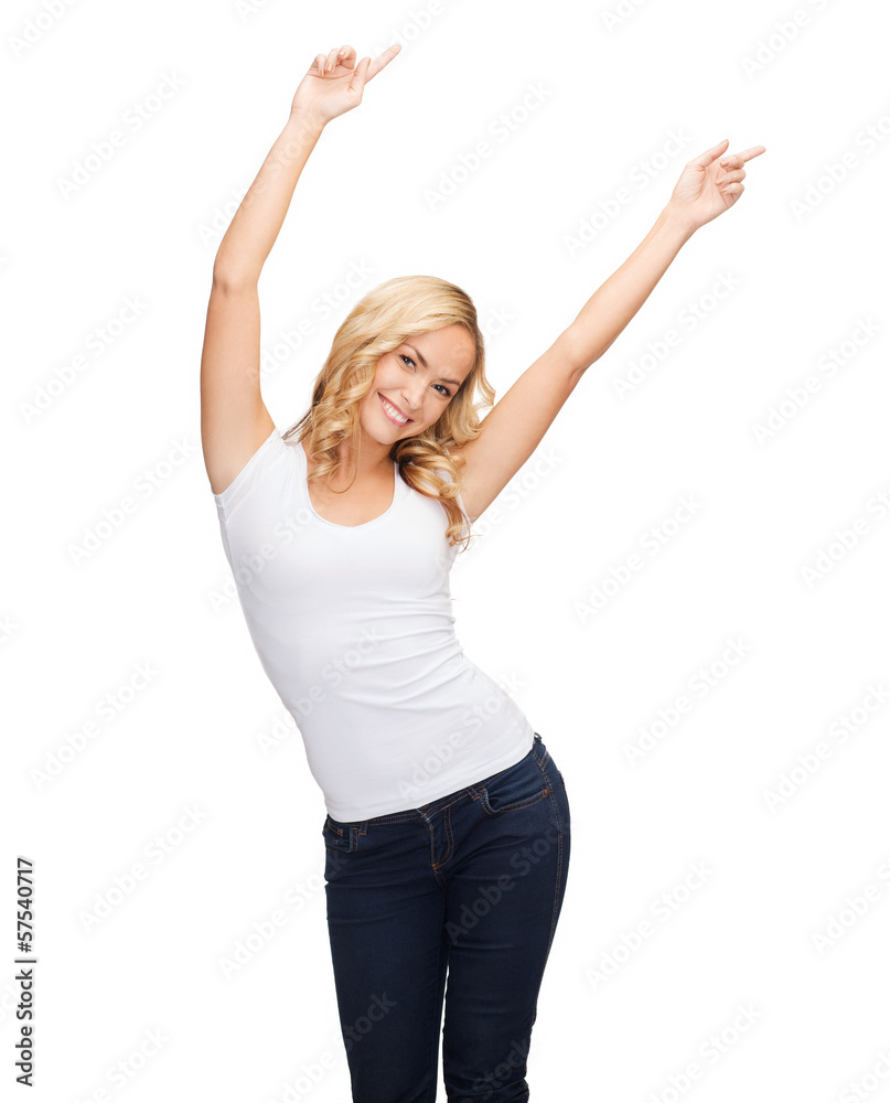 happy dancing woman in blank white t-shirt