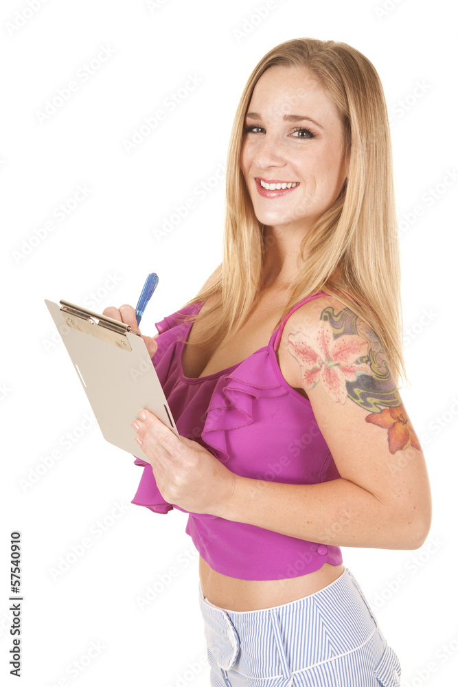 woman pink ruffle taking notes tattoo woman pink ruffle taking notes tattoo