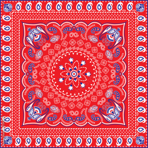 Red, Blue & White Retro Patterned Bandana or Head Scarf