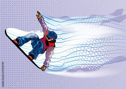 Jumping snowboarder. Motion in air