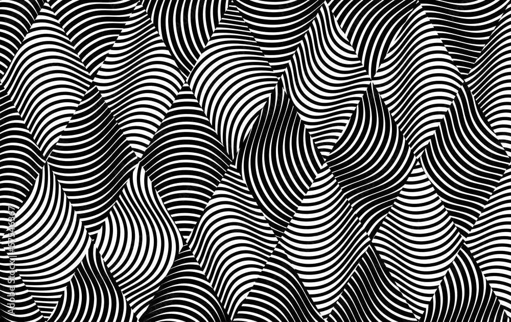 Rhombus with wavy stripes. Black and white background