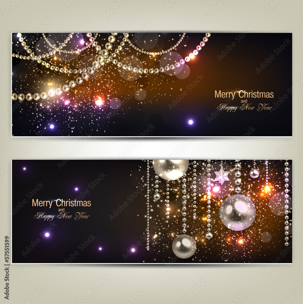 Set of Elegant Christmas banners with golden garland. Vector ill