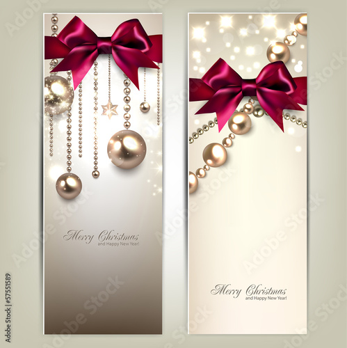 Elegant Christmas banners with golden baubles and red bows. Vect