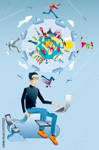 Man with Computer and World Globe