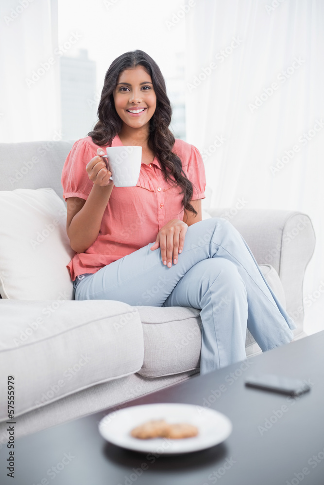 Smiling cute brunette sitting on couch holding mug