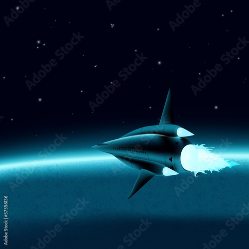 Space ship in front of a planet