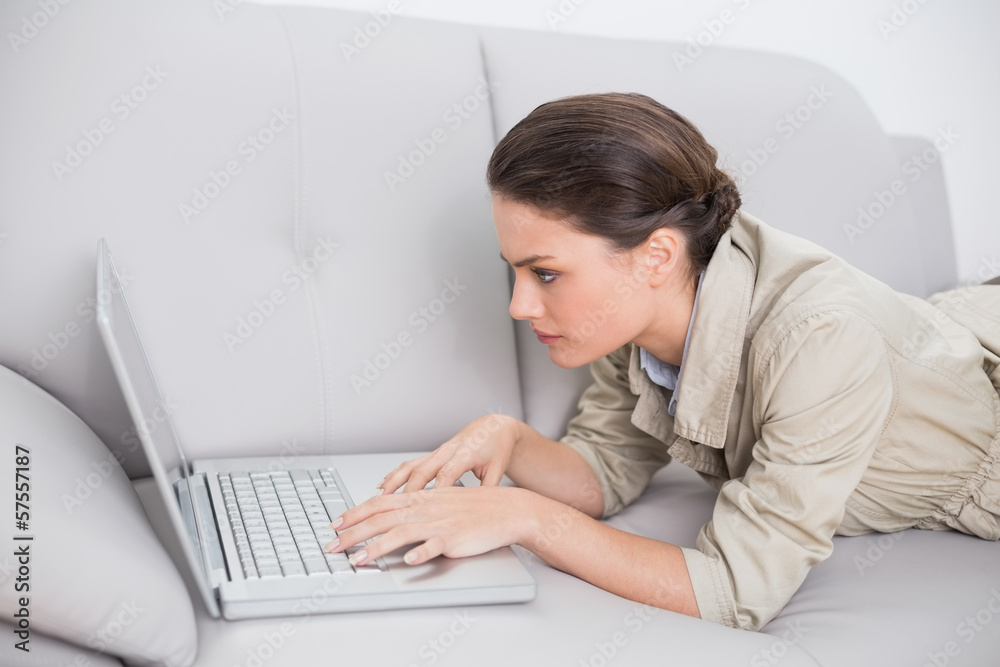 Beautiful woman using laptop on sofa at home