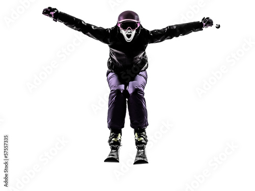 one woman skier skiing jumping shouting silhouette