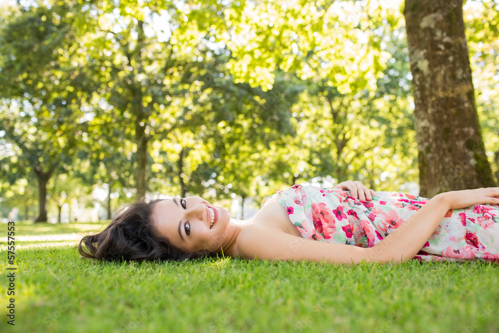 Stylish beautiful brunette lying on a lawn Stylish beautiful brunette lying on a lawn
