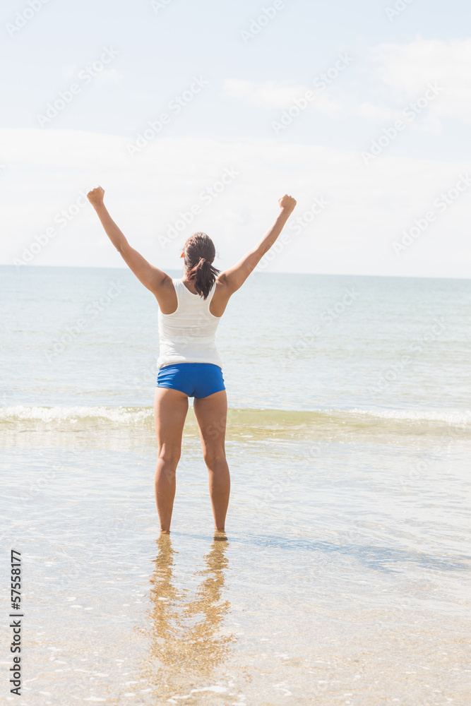 Rear view of slim young woman standing on the beach in bright su