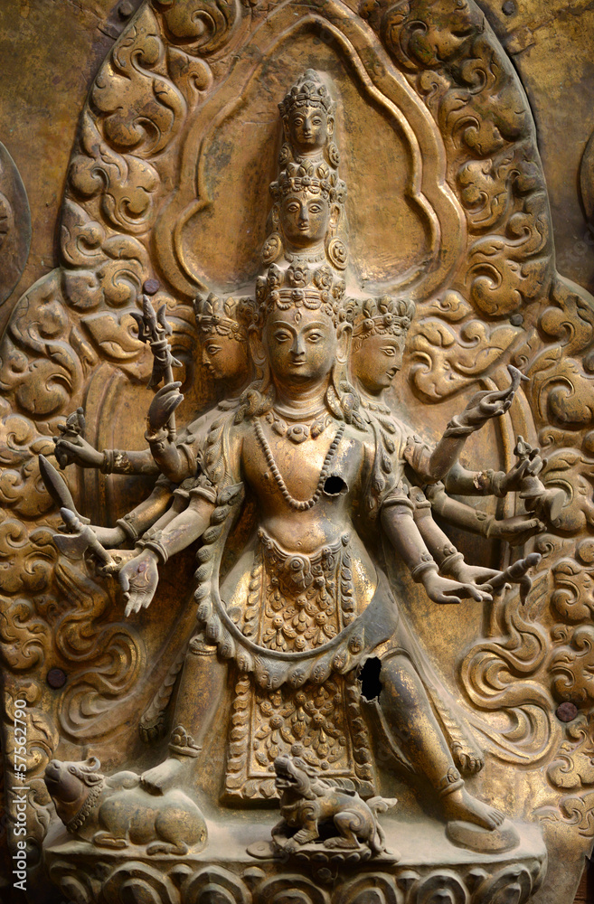 Brazen relief of Shiva the destroyer in  Durbar square. Nepal