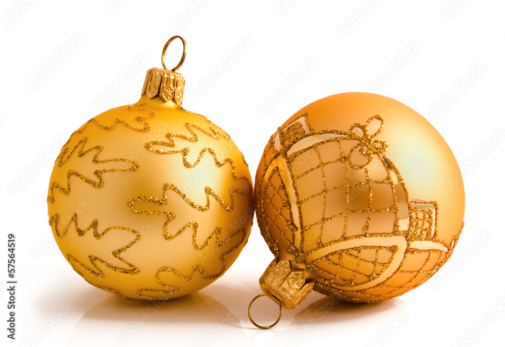 Two golden christmas balls isolated on a white