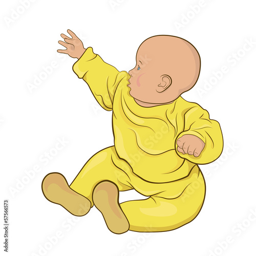 The baby  in yellow pajamas sitting